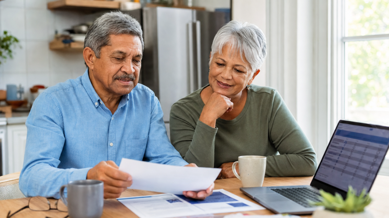 A retired couple reviewing Medicare paperwork at their kitchen table